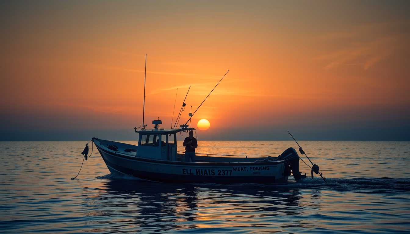 fishing boat at dawn in editorial style