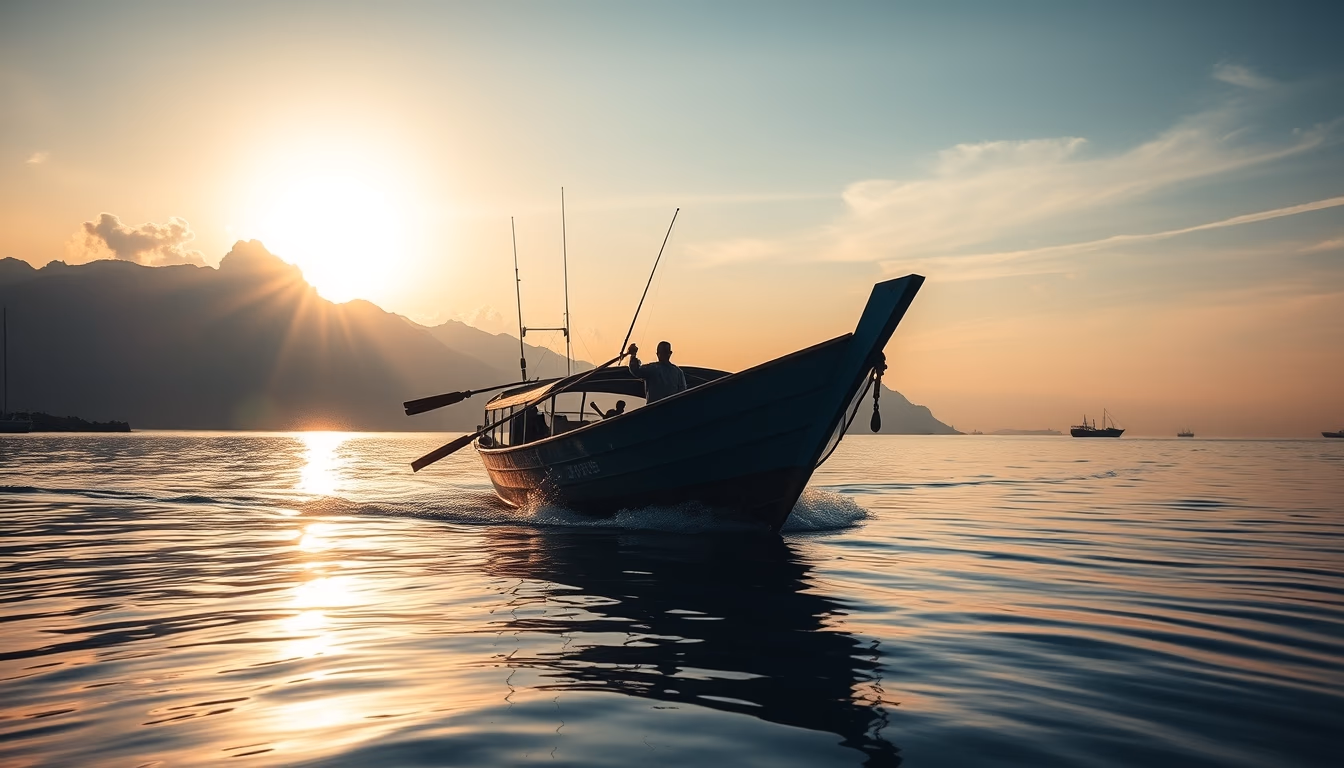 fishing boat at dawn in editorial style
