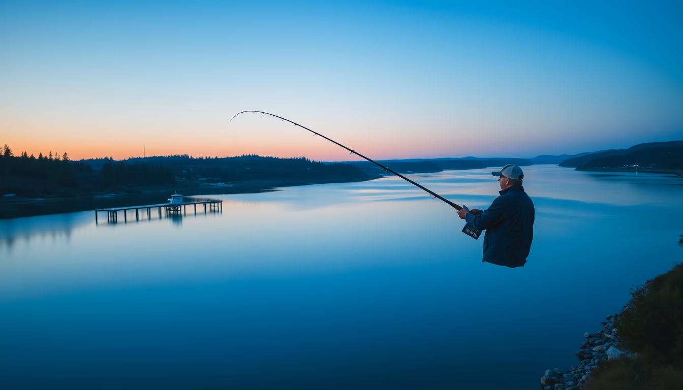 fishing rod by lake in editorial style
