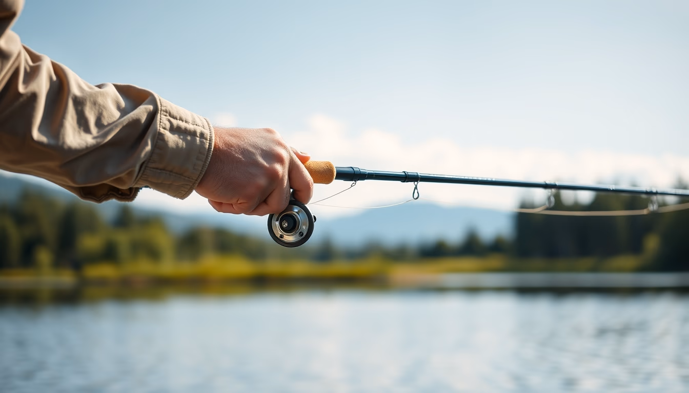 fishing rod by lake in editorial style