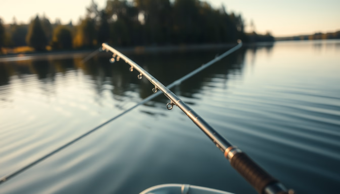fishing rod by lake in editorial style