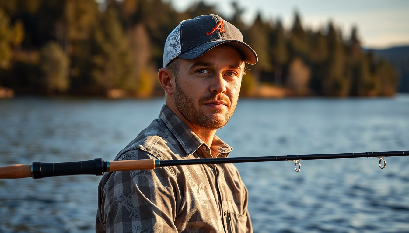fishing rod by lake in editorial style