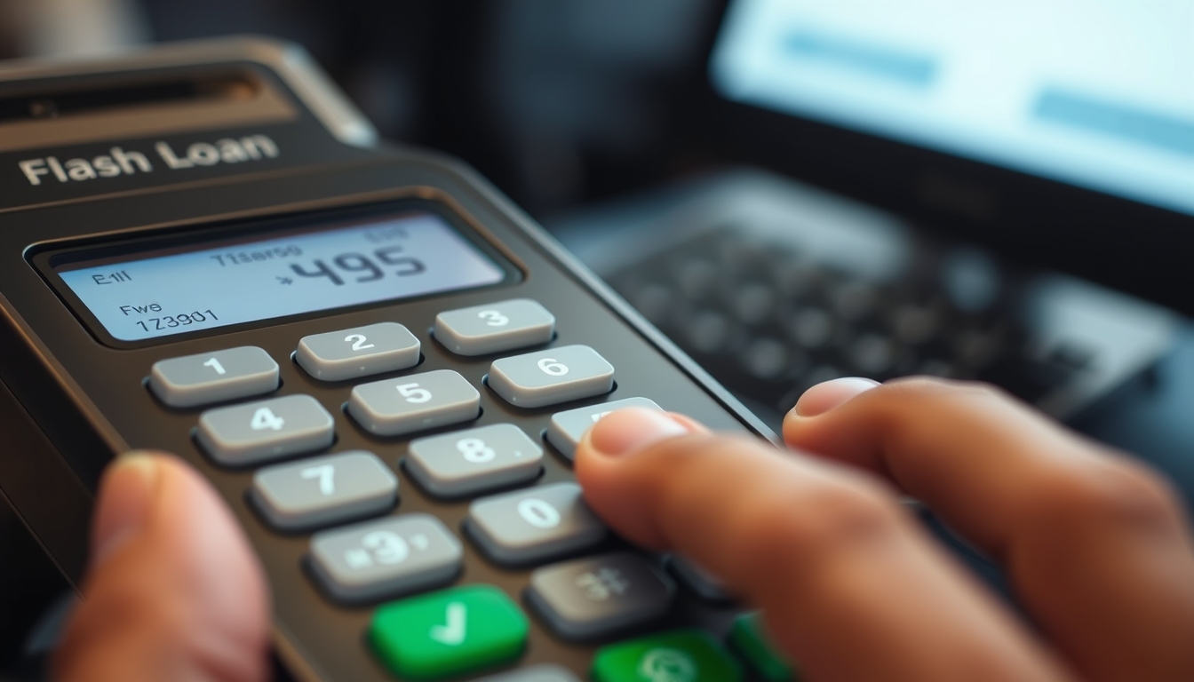 Execução de flash loan código de transação no terminal em estilo editorial