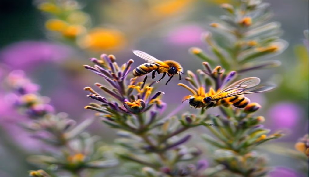 flowering rosemary bees in editorial style