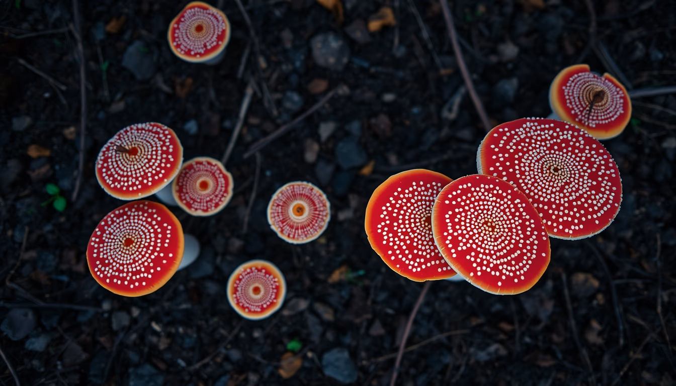 fly agaric forest floor in editorial style