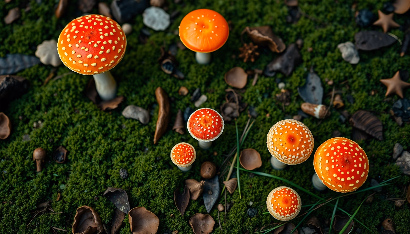 fly agaric forest floor in editorial style