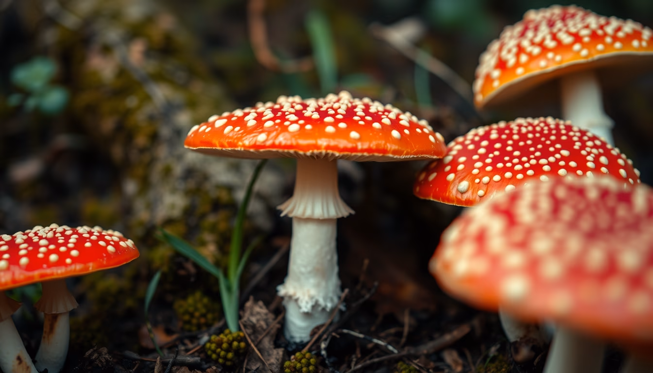 fly agaric forest floor in editorial style