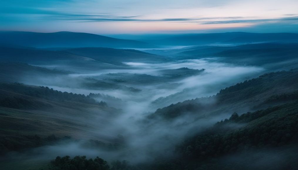 fog rolling valley in editorial style