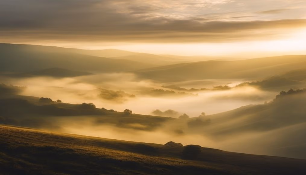 fog rolling valley in editorial style