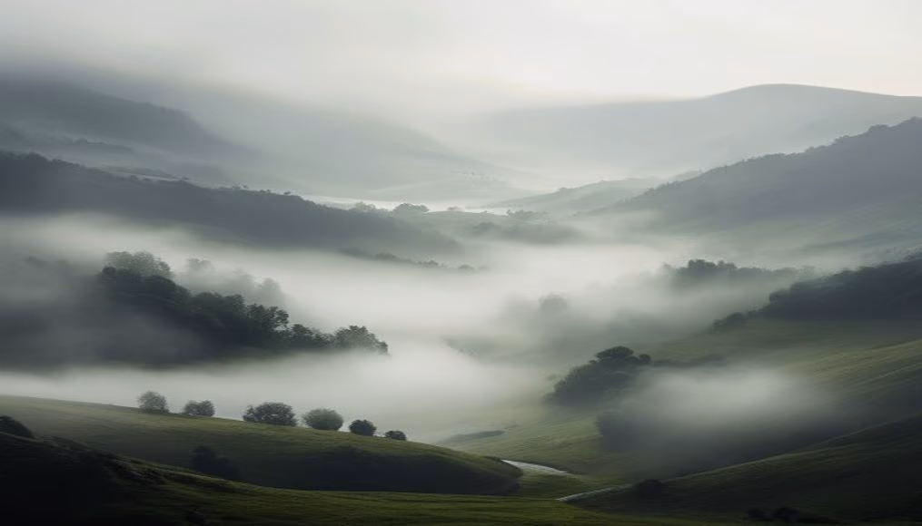 fog rolling valley in editorial style