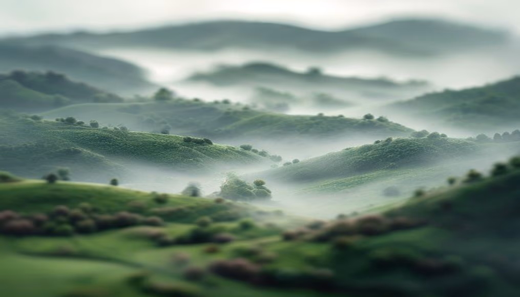 fog rolling valley in editorial style