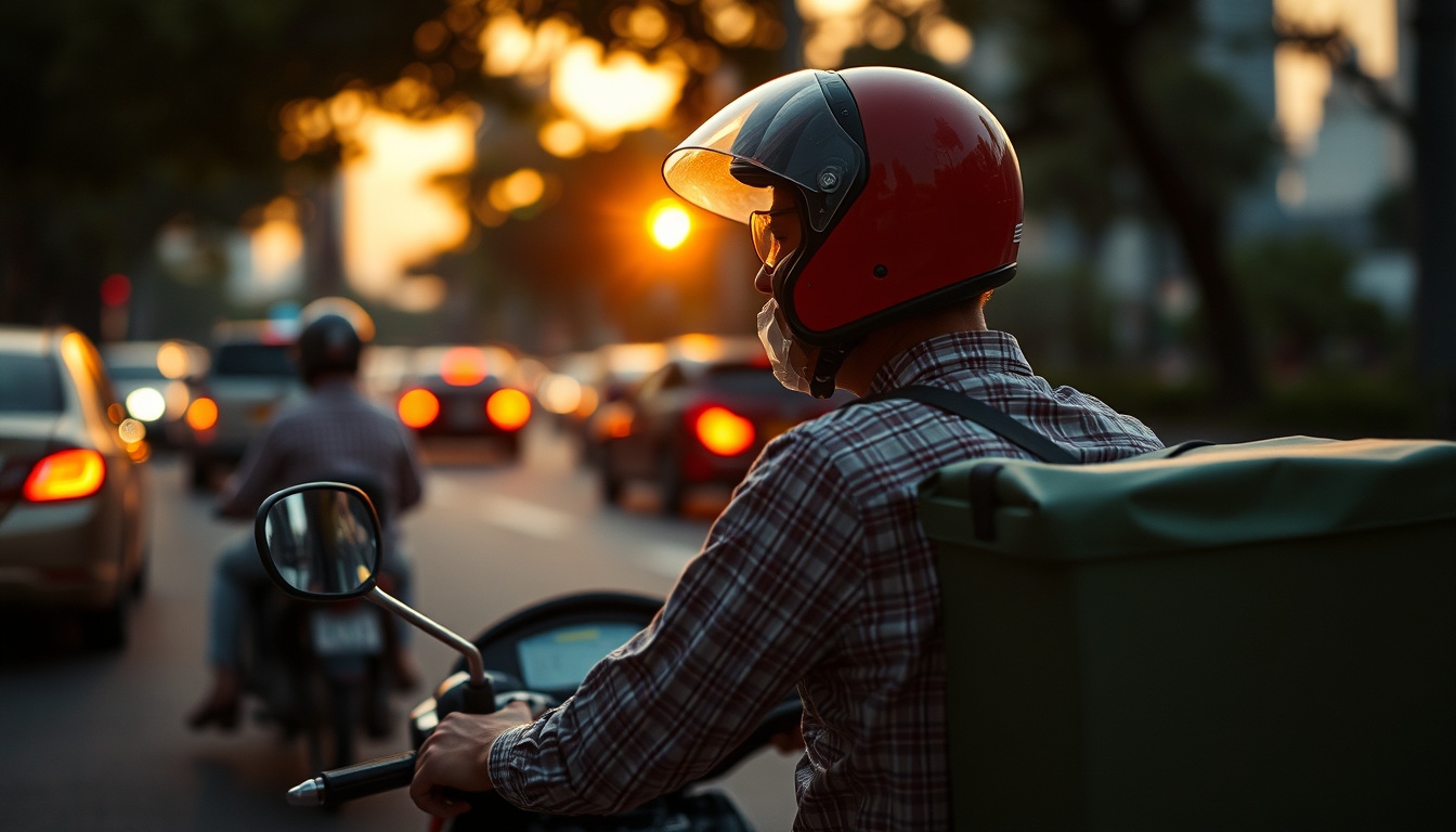 Entregador de delivery de moto no trânsito de SP em estilo editorial