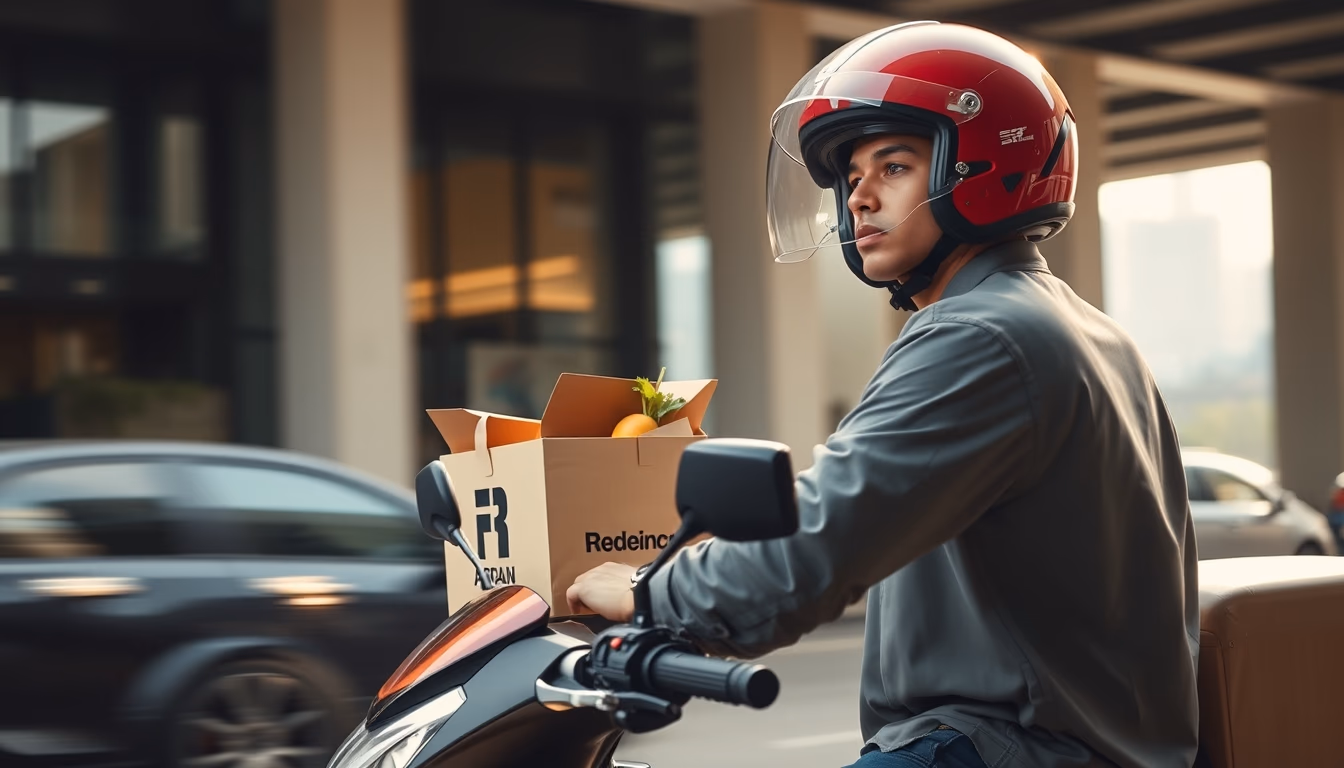 food delivery rider on motorbike in São Paulo traffic in editorial style