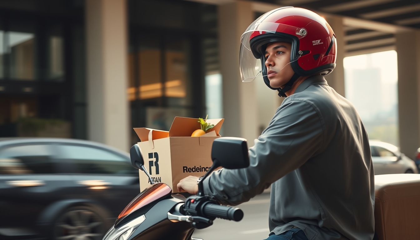 Entregador de delivery de moto no trânsito de SP em estilo editorial