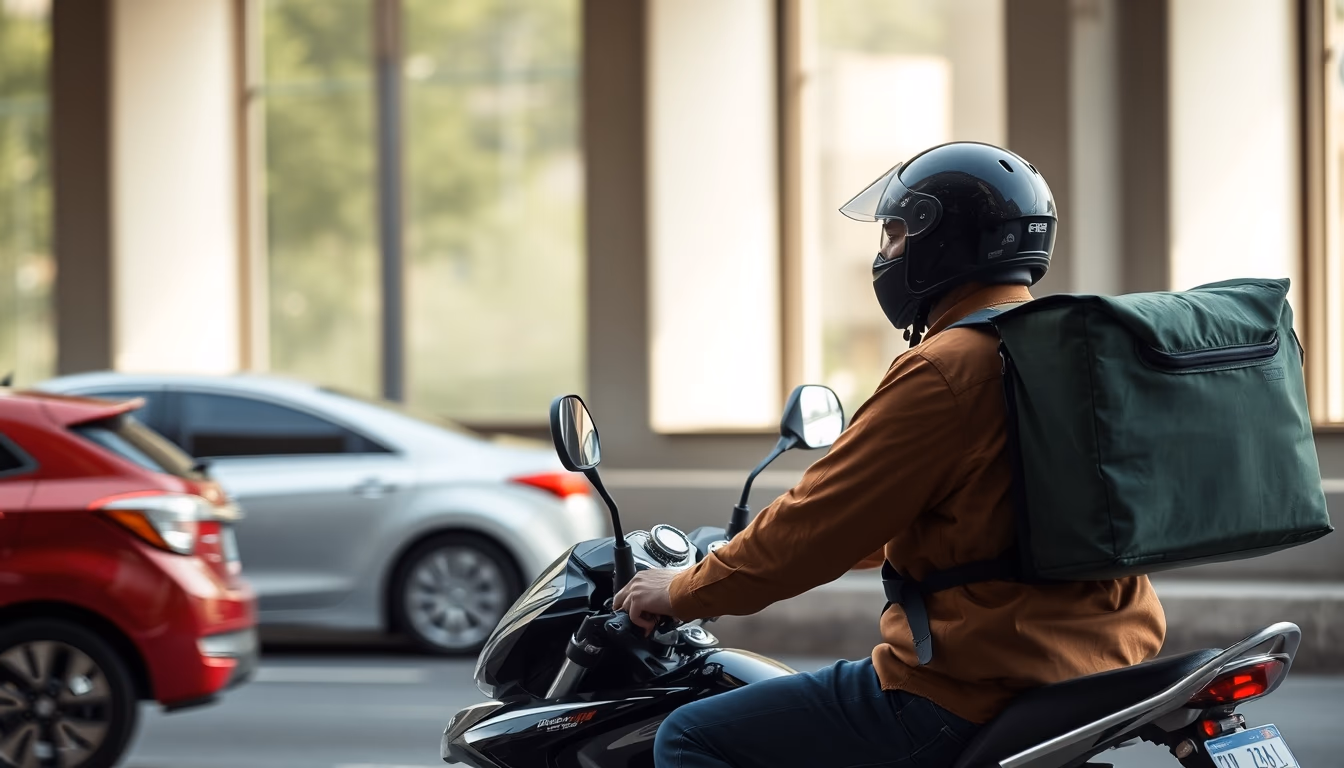 food delivery rider on motorbike in São Paulo traffic in editorial style