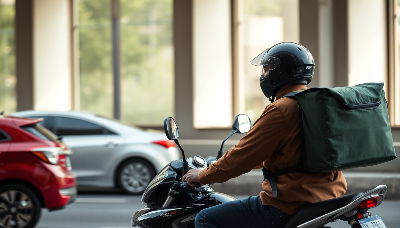 Entregador de delivery de moto no trânsito de SP em estilo editorial