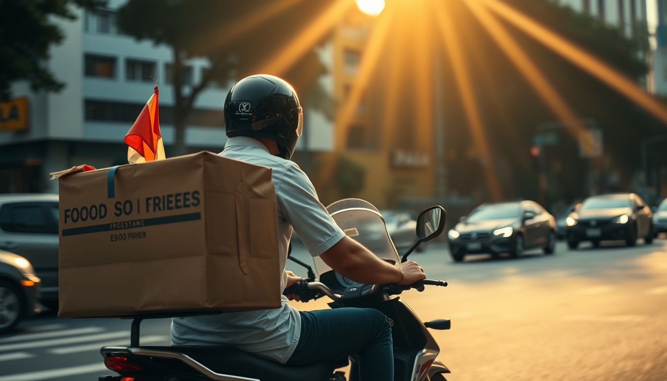 Entregador de delivery de moto no trânsito de SP em estilo editorial