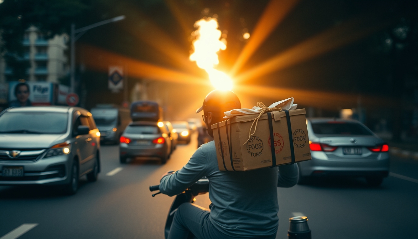 Entregador de delivery de moto no trânsito de SP em estilo editorial