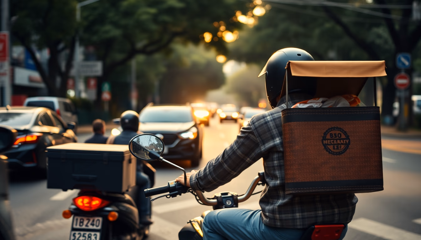 food delivery rider on motorbike in São Paulo traffic in editorial style