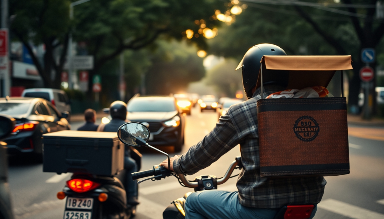 Entregador de delivery de moto no trânsito de SP em estilo editorial