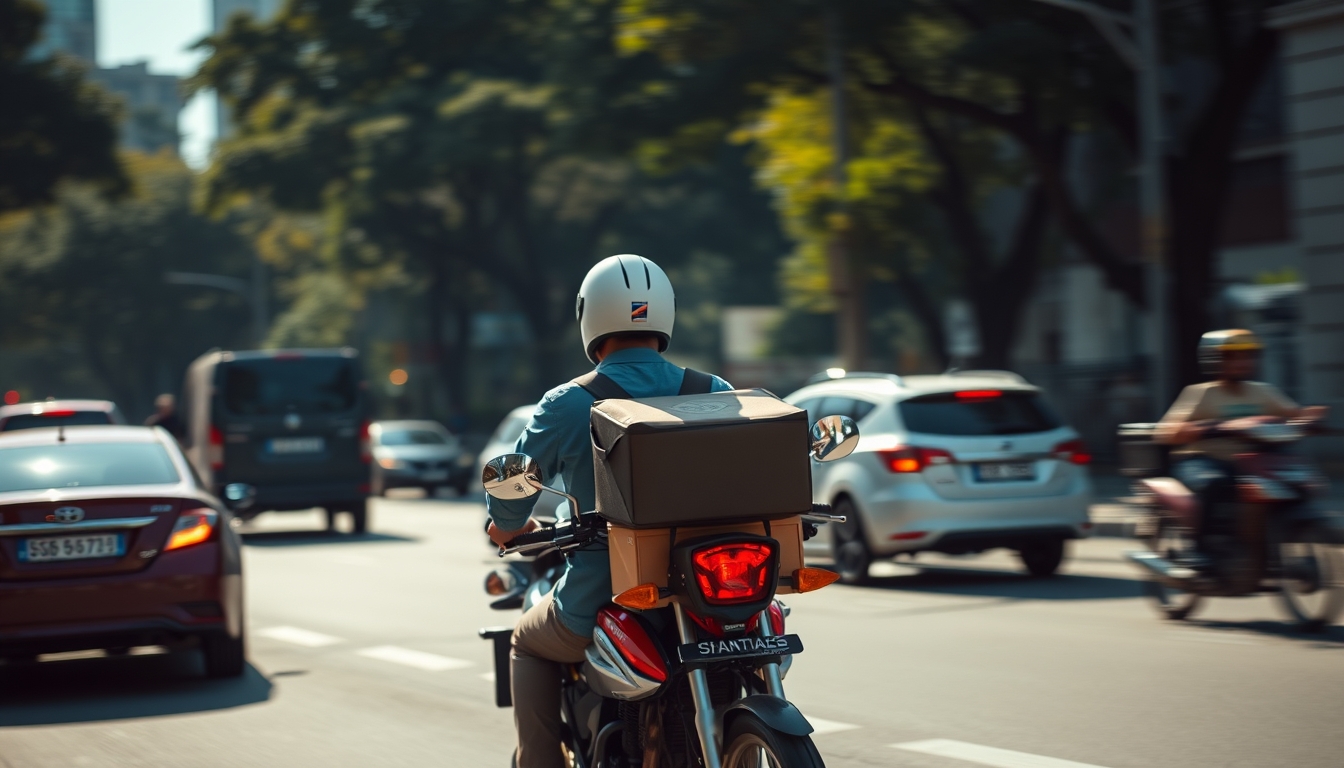 Entregador de delivery de moto no trânsito de SP em estilo editorial