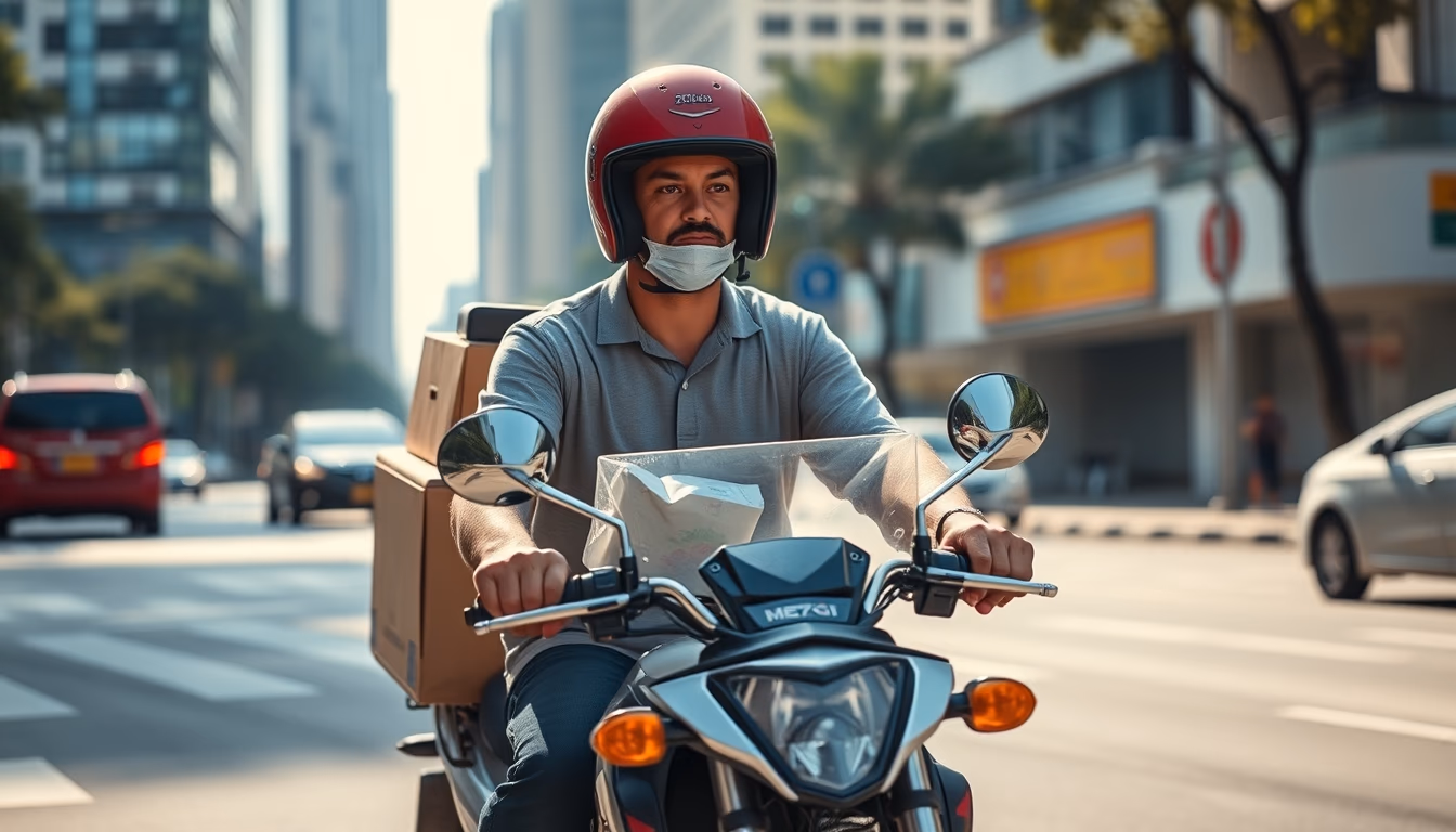 Entregador de delivery de moto no trânsito de SP em estilo editorial