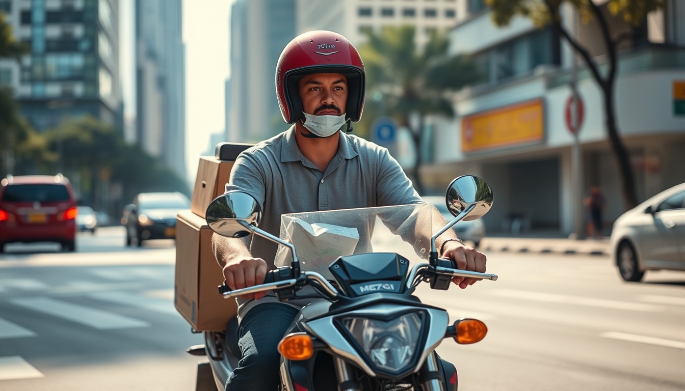 Entregador de delivery de moto no trânsito de SP em estilo editorial