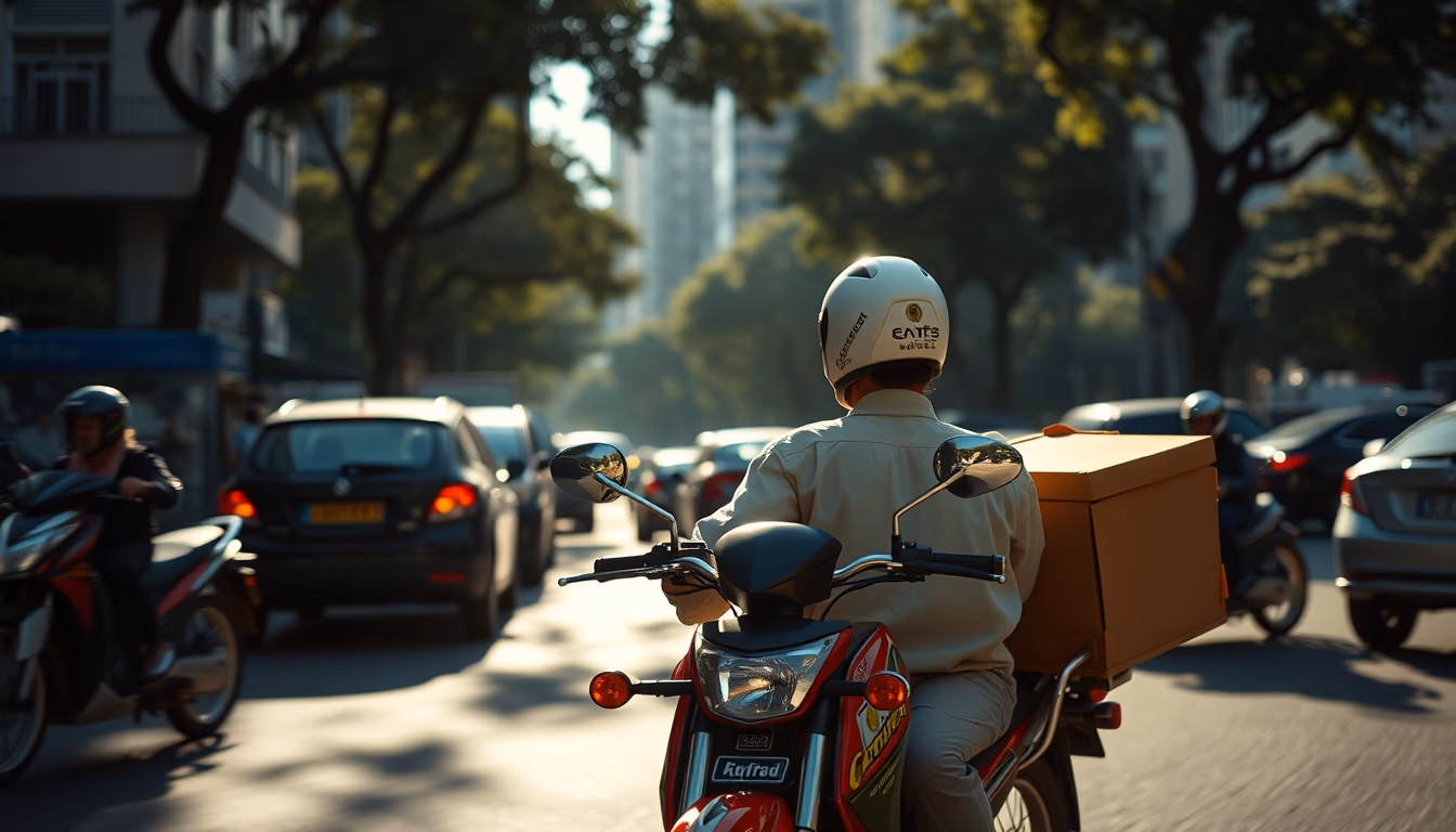 Entregador de delivery de moto no trânsito de SP em estilo editorial