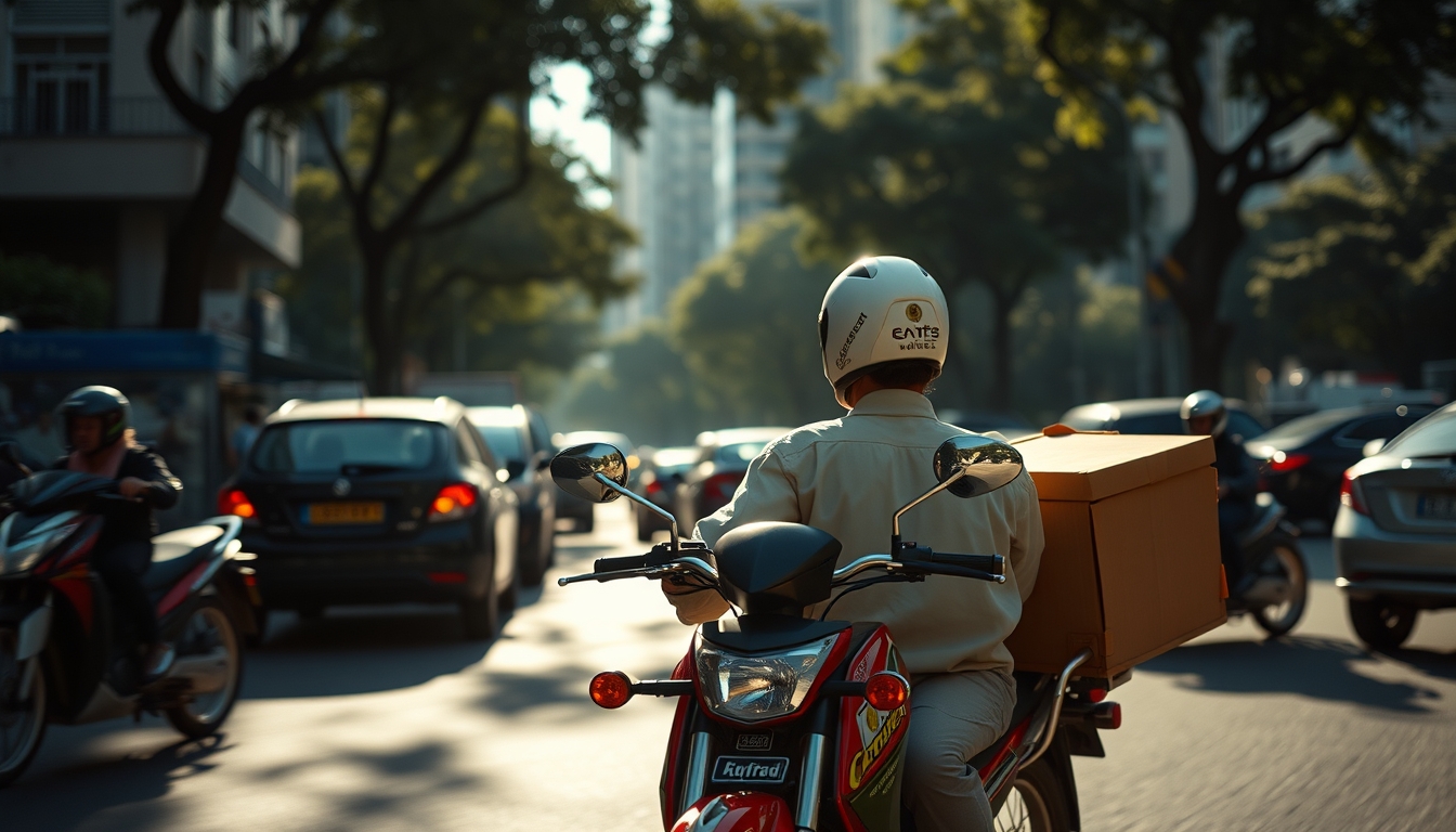 Entregador de delivery de moto no trânsito de SP em estilo editorial