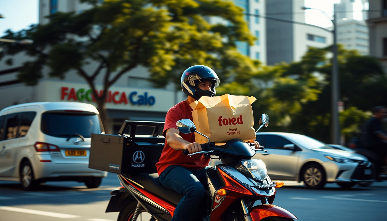 Entregador de delivery de moto no trânsito de SP em estilo editorial
