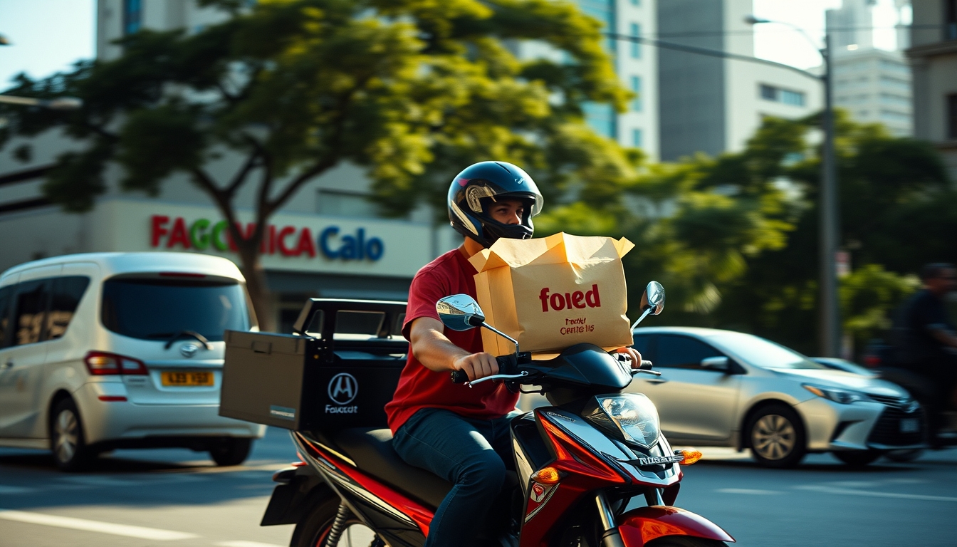 Entregador de delivery de moto no trânsito de SP em estilo editorial