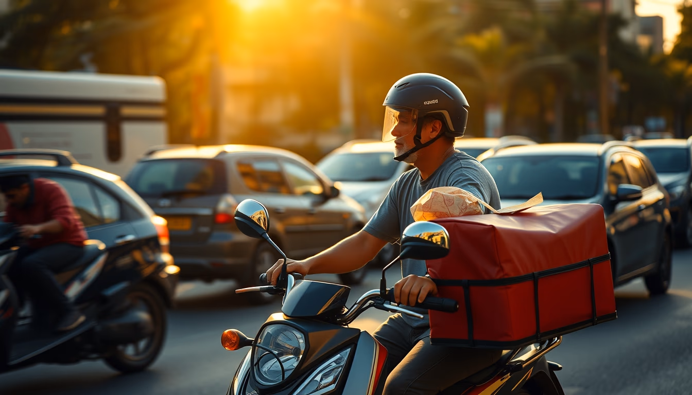 Entregador de delivery de moto no trânsito de SP em estilo editorial