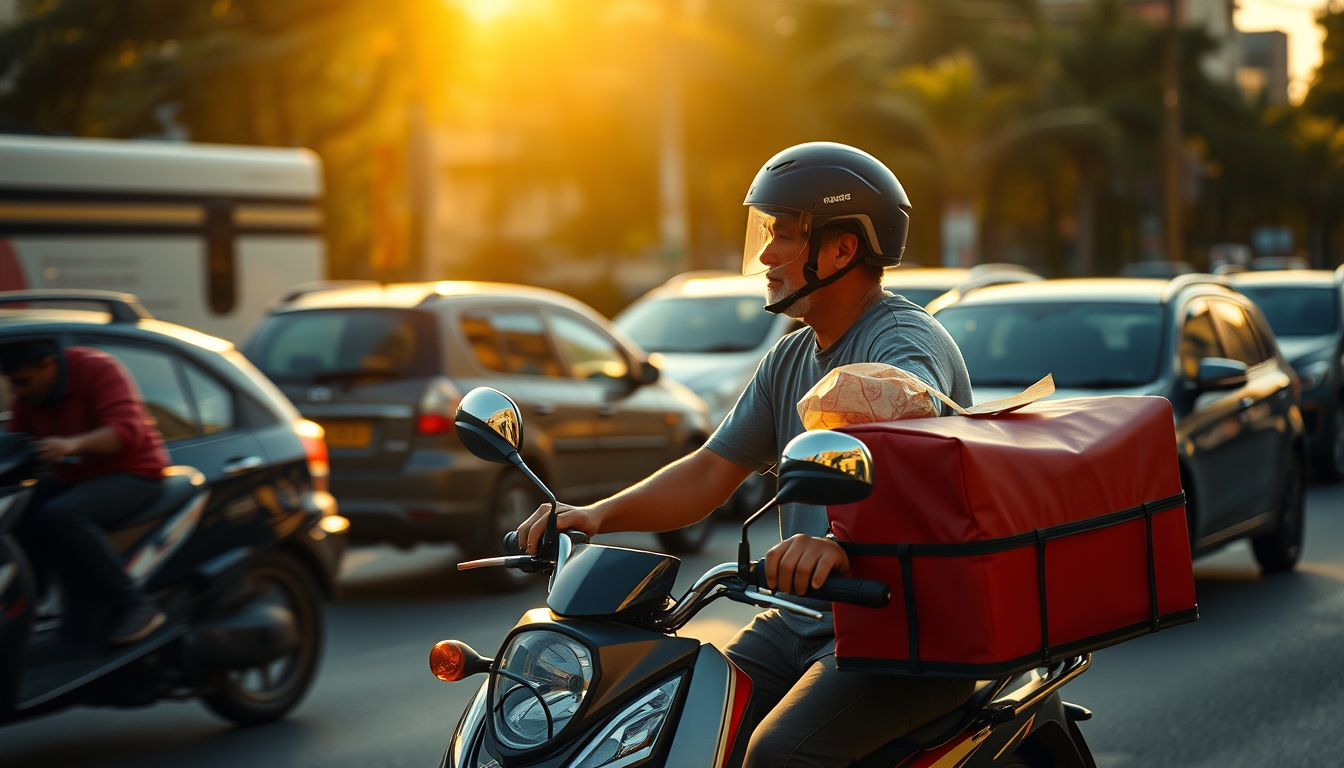 Entregador de delivery de moto no trânsito de SP em estilo editorial