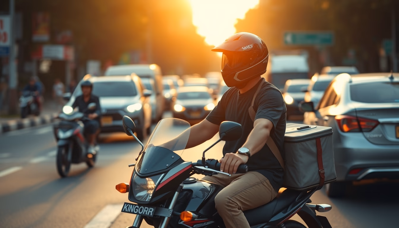 Entregador de delivery de moto no trânsito de SP em estilo editorial