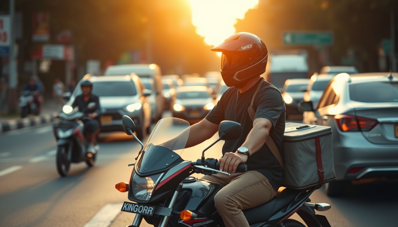 Entregador de delivery de moto no trânsito de SP em estilo editorial