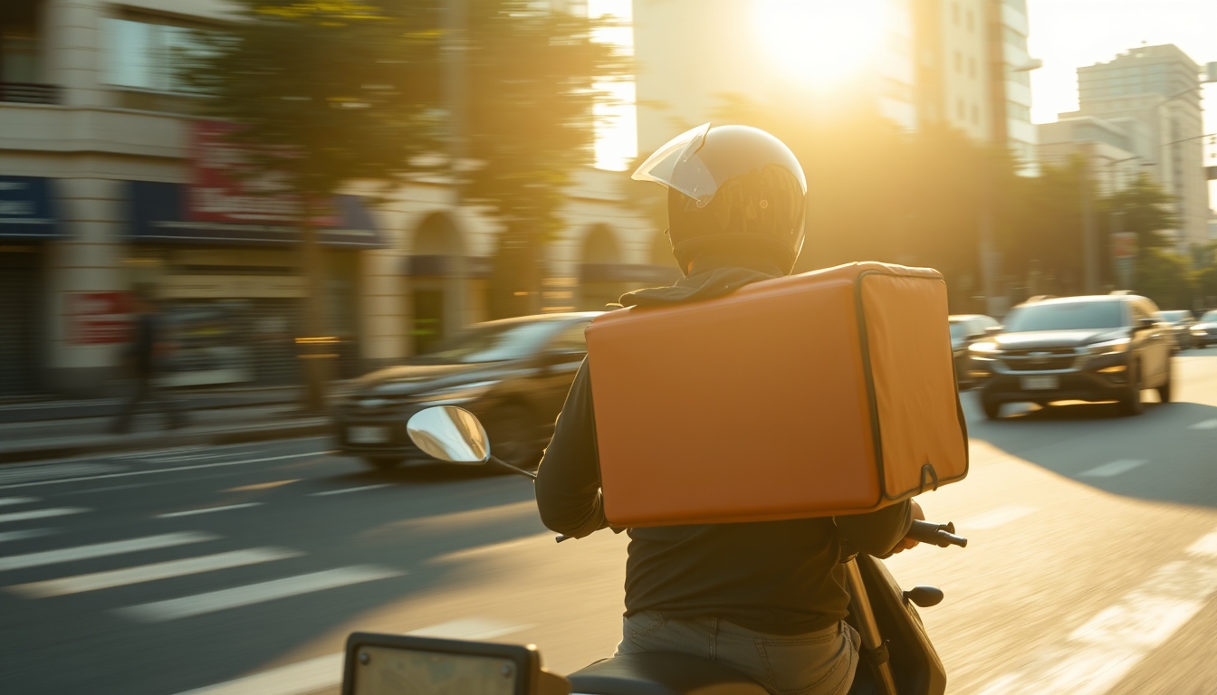 Entregador de delivery de moto no trânsito de SP em estilo editorial