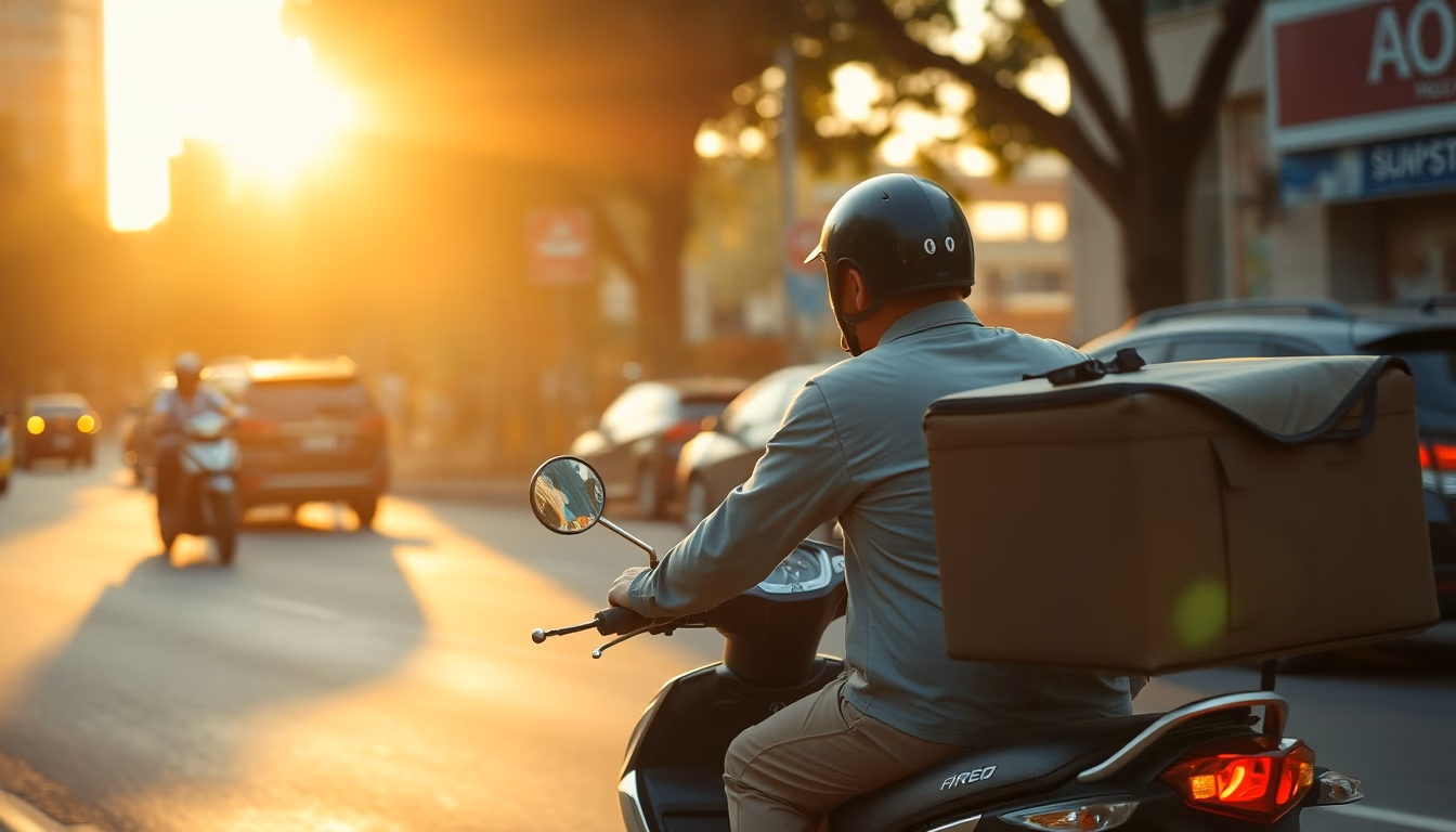 food delivery rider on motorbike in São Paulo traffic in editorial style
