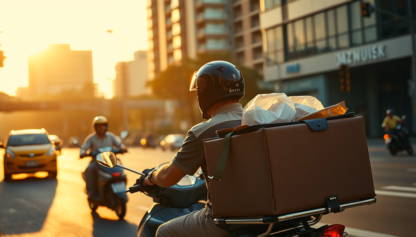 food delivery rider on motorbike in São Paulo traffic in editorial style