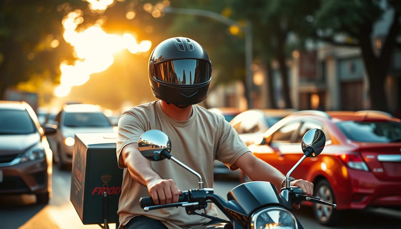 Entregador de delivery de moto no trânsito de SP em estilo editorial