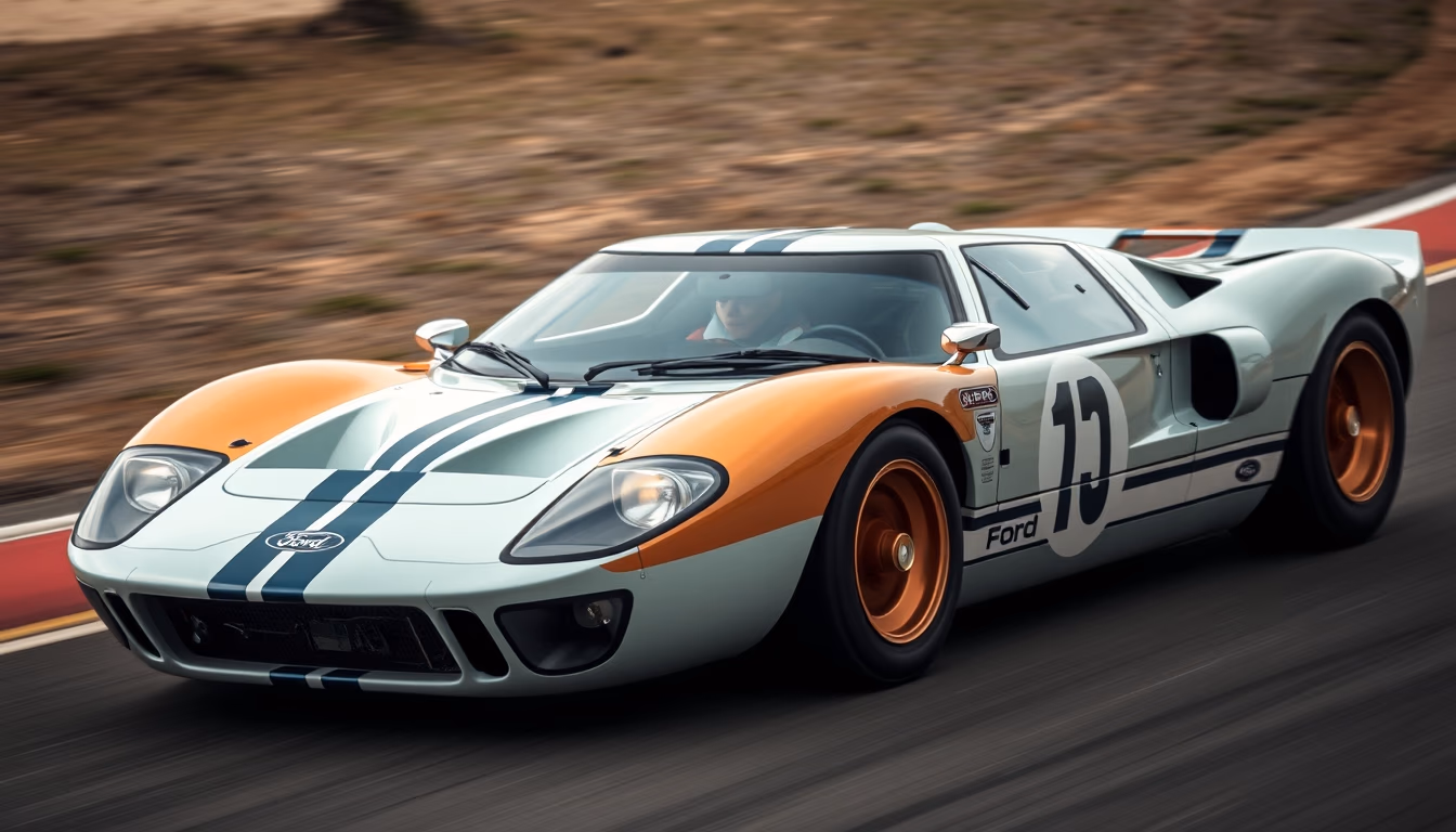 ford gt40 racing in editorial style