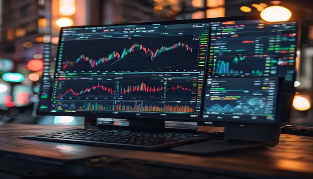 Forex trading screen multiple charts em estilo editorial