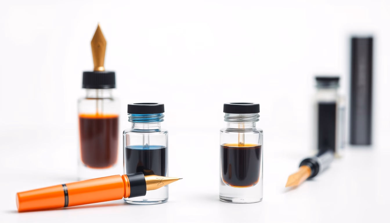 fountain pen ink bottles in editorial style
