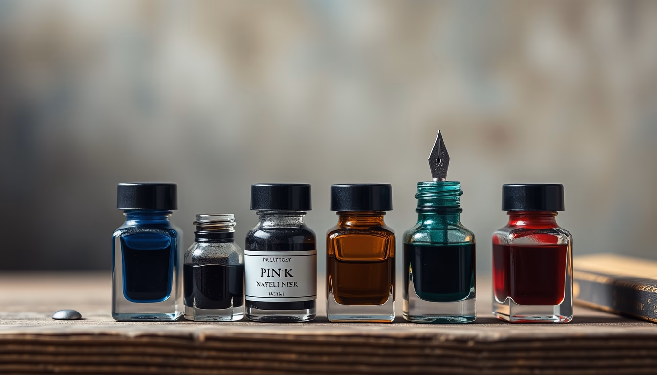 fountain pen ink bottles in editorial style