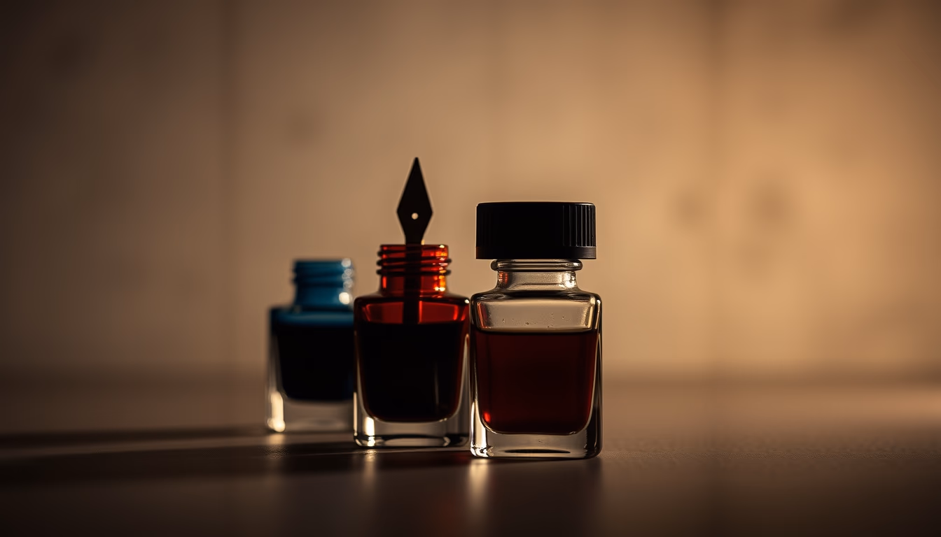 fountain pen ink bottles in editorial style