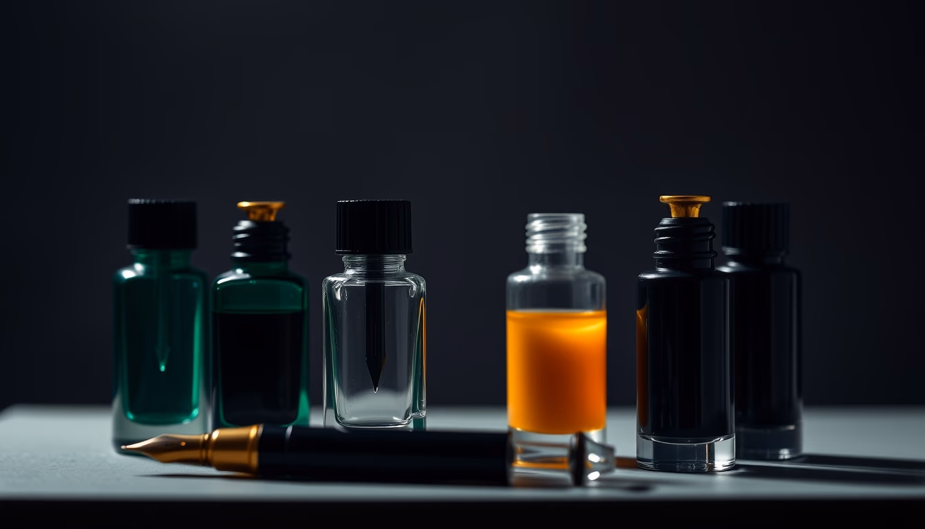 fountain pen ink bottles in editorial style