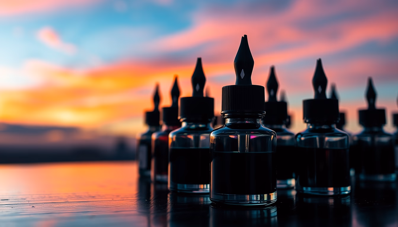 fountain pen ink bottles in editorial style