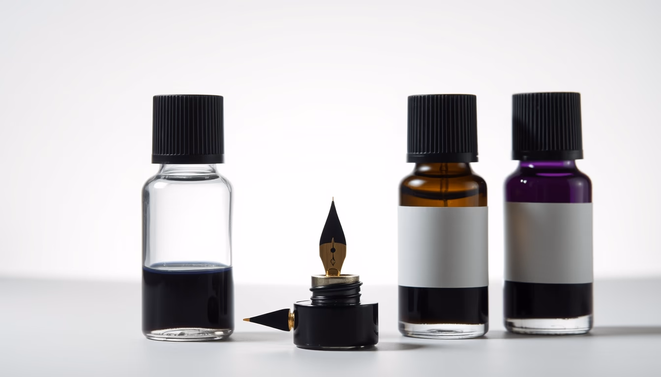 fountain pen ink bottles in editorial style