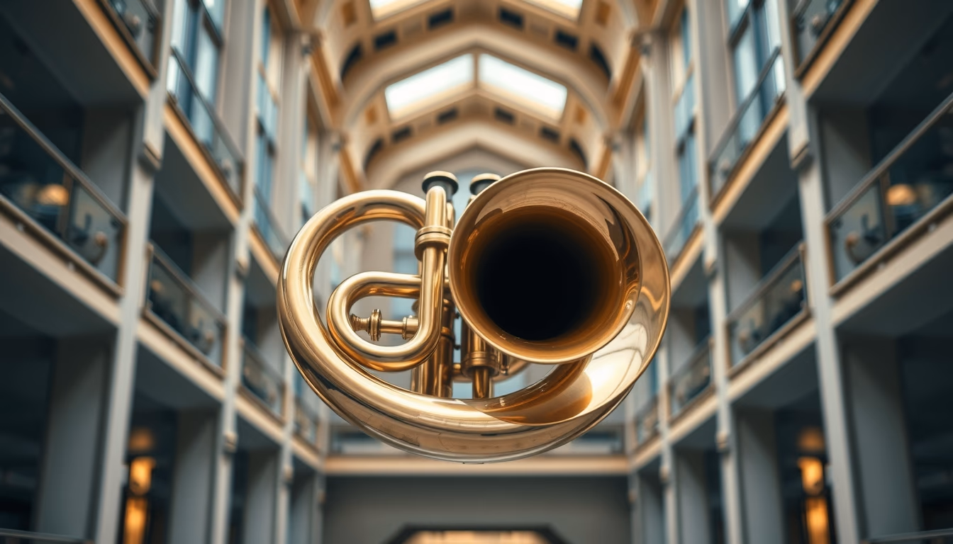 french horn polished brass in editorial style