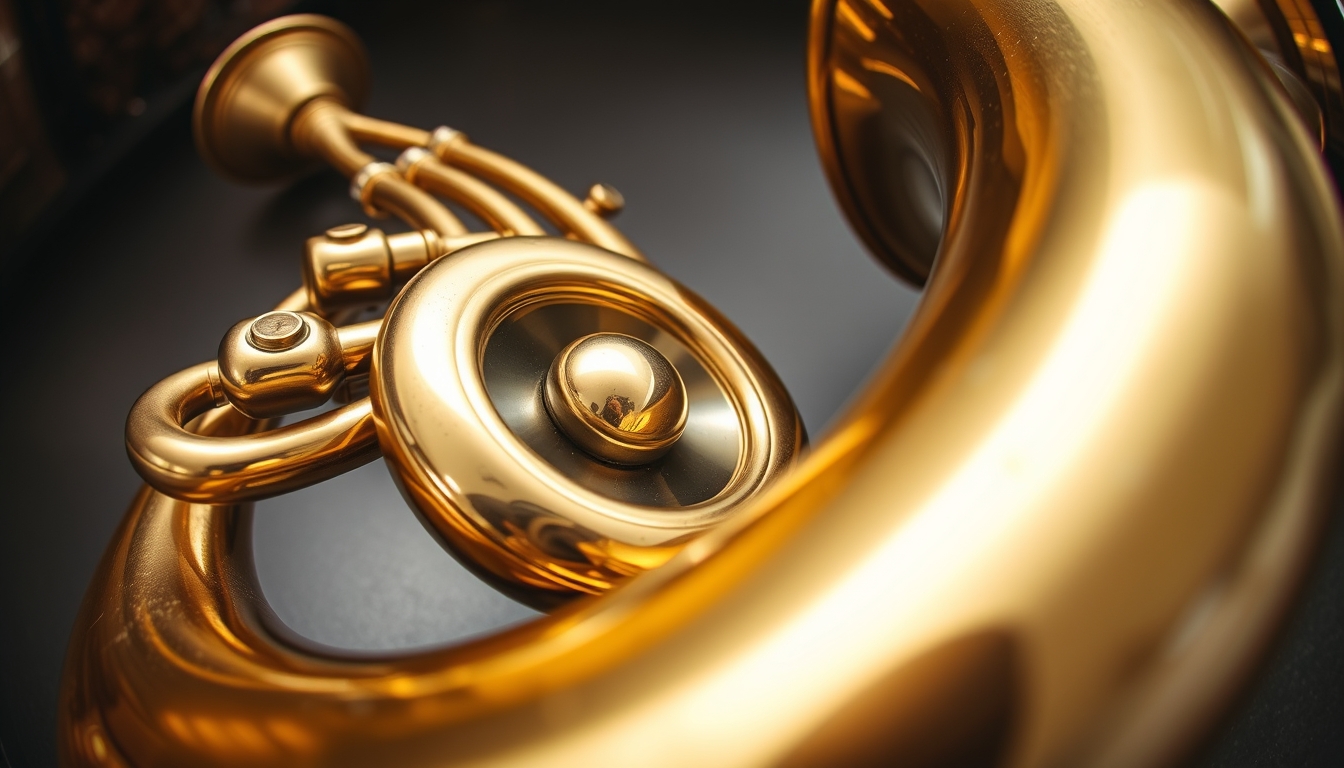 french horn polished brass in editorial style