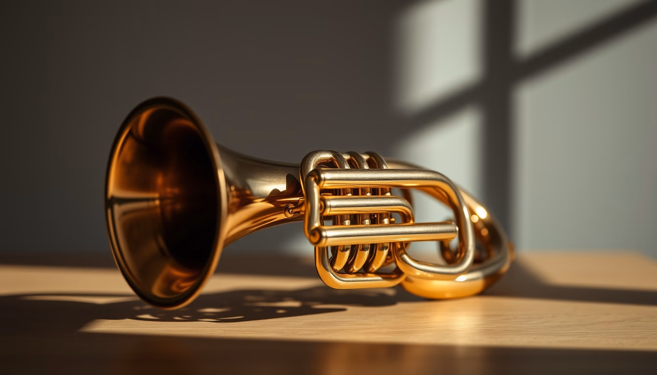 french horn polished brass in editorial style
